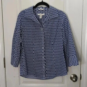 Chico's Womens Button up Long Sleeve Shirt Blue and White